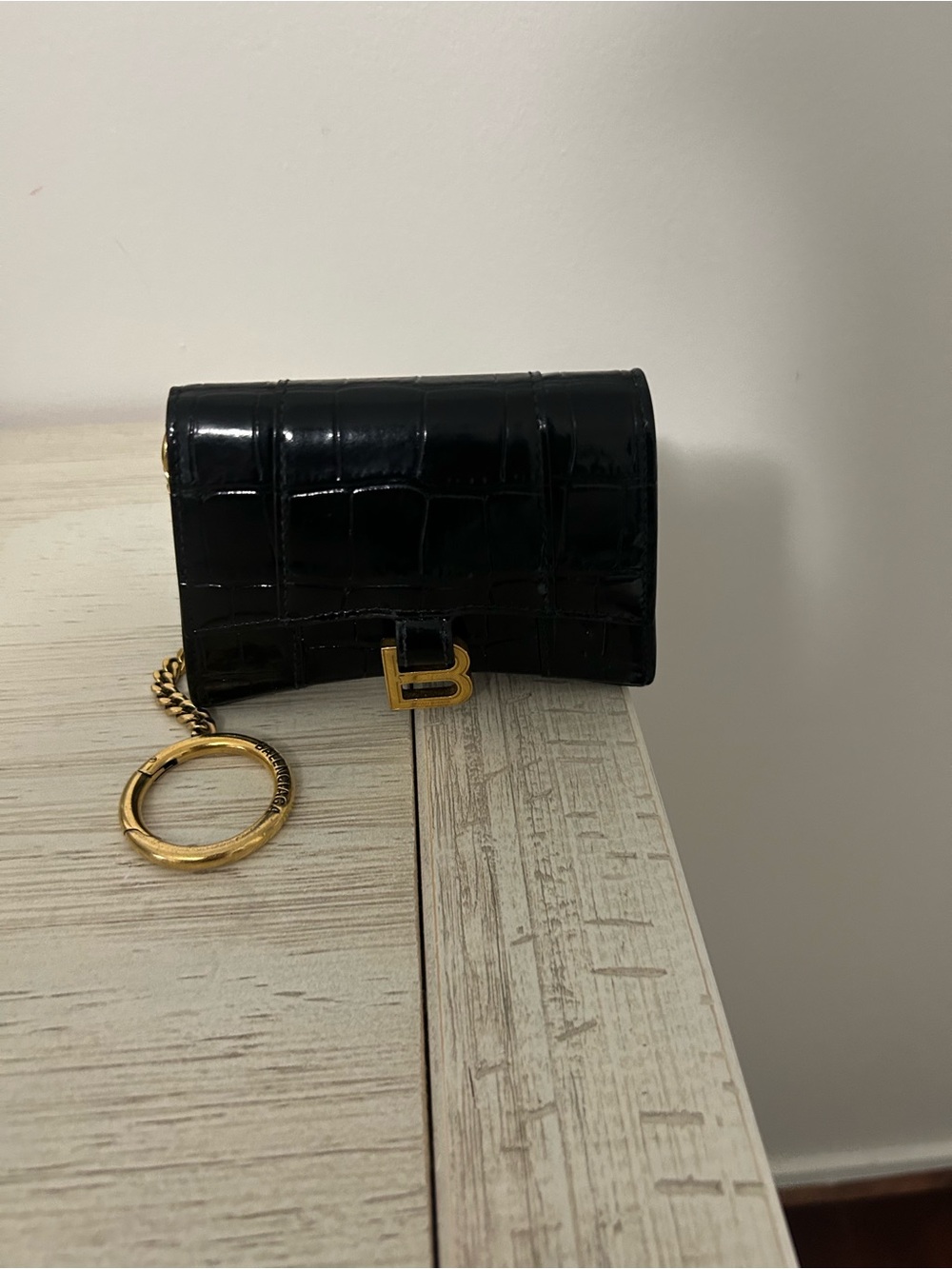 Balenciaga Black Croc-Embossed Leather Key & Card Holder with Gold B Hardware